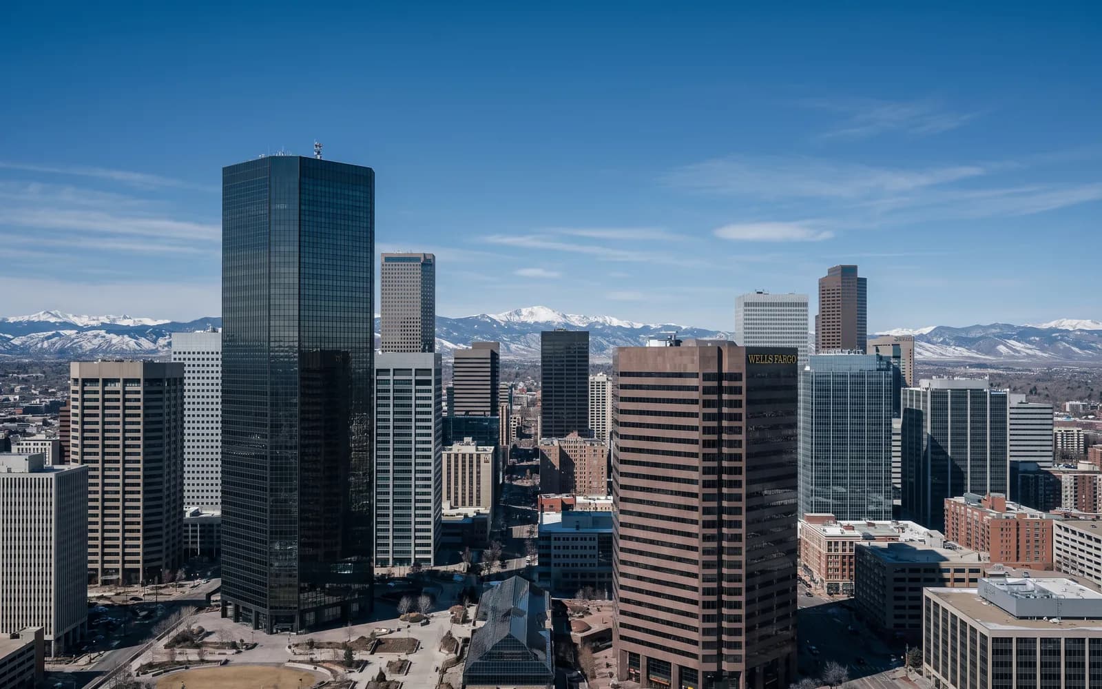 The Denver skyline in clear daytime light